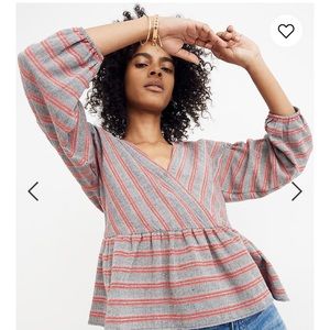 Madewell Striped Bubble-Sleeve Peplum Top